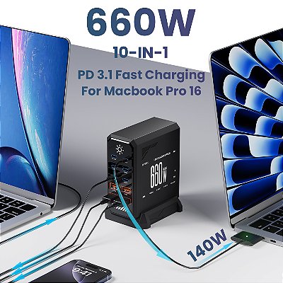 660w gan usb c estação de carregamento 10 portas carregador rápido tipo c pd3.1