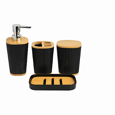 Conjunto de Acessórios para Banheiro 4 peças Preto com Bambu