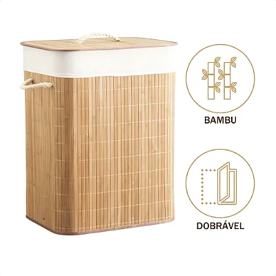 Cesto De Bambu Retangular 72L Com Tampa Forrado