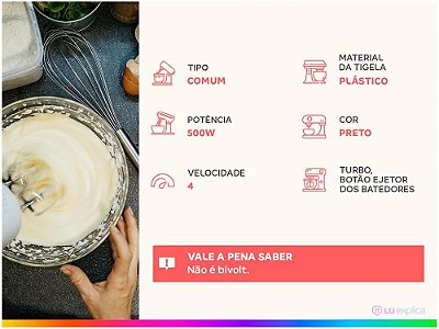 Batedeira Britânia Preta 500W 4 Velocidades 4,3L Pérola 550 - 110V