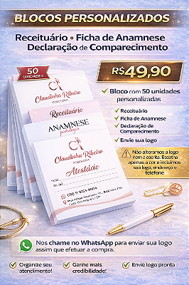 Bloco Profissional Personalizado – Receituário, Anamnese, Declaração ou Atestado (50 folhas)