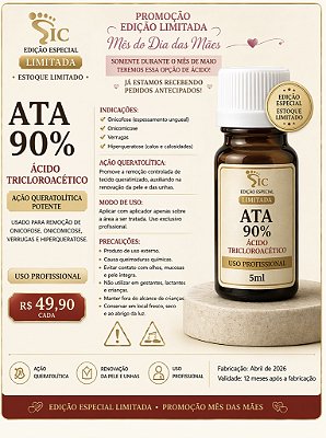 🧪 ATA 90% – ÁCIDO TRICLOROACÉTICO – 5ML 💰 R$ 49,90 🔥 Edição limitada – Promoção Mês das Mães Disponível somente no mês de maio. ✨ Alta procura — pedidos já em andamento. Ácido de alta concentração com potente ação queratolítica