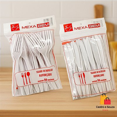Kit Garfo e Faca Descartável 300 Unidades – 6 Pacotes de 50 Talheres Plásticos para Festa, Churrasco