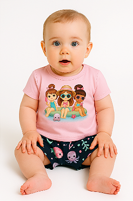 Conjunto Infantil Feminino Kyly Blusa Bonequinhas + Shorts Fundo do Mar