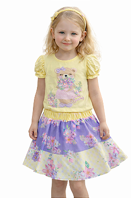 Conjunto Infantil Shorts Saia Ursinho Amarelo