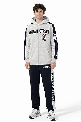 Conjunto Masculino Malwee Moletom Urban Street Cinza com Capuz e Calça Preta