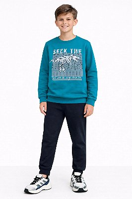 Conjunto Alenice Flanelado Seek the Adventure Azul Petróleo e Preto