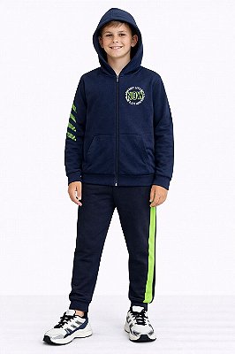 Conjunto Kyly Flanelado Now Sport com Capuz Marinho e Verde Neon