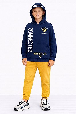 Conjunto Kyly Flanelado Connected Wireless Life com Capuz Marinho e Mostarda