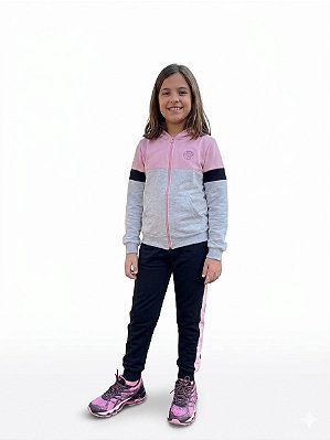 Conjunto Kyly Flanelado com Capuz Color Block Rosa e Mescla