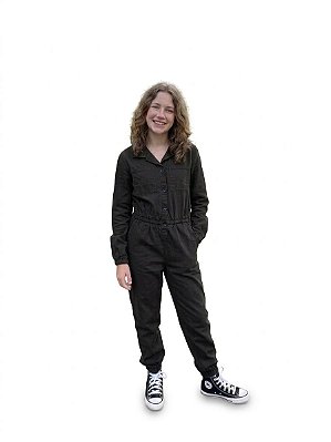 Macacão Juvenil Dway Jeans Color Preto com Botões Frontais