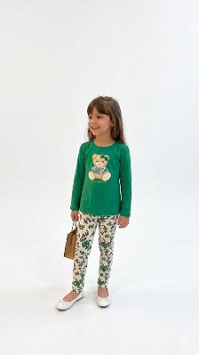 Conjunto Infantil Milon Meia Estação Blusa Ursinho com Calça Floral