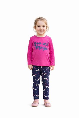 Conjunto Infantil Feminino Valeen Kids Meia Estação Pink e Marinho Unicórnio