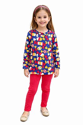 Conjunto Kyly Menina Meia Estação Blusa Estampada Doces e Calça Vermelha