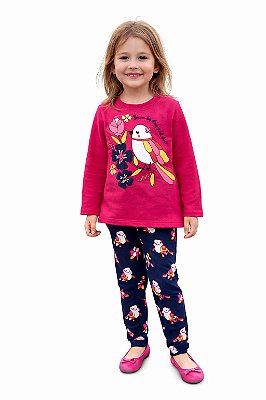 Conjunto Infantil Kyly Moletom Flanelado Pink e Marinho Pássaro e Flores