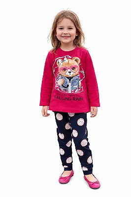Conjunto Infantil Kyly Moletom Flanelado Pink e Marinho Falling Rain