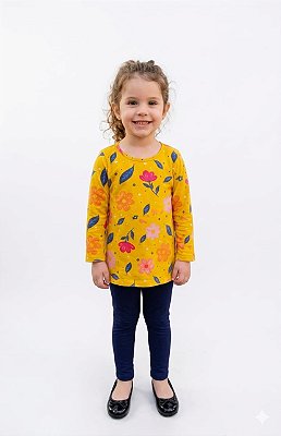 Conjunto Infantil Kyly Meia Estação Amarelo Floral e Legging Marinho