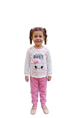 Conjunto Infantil Cato Lelê Moletom Flanelado Off White e Rosa Best Friend Gatinha