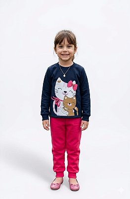 Conjunto Infantil Kyly Moletom Flanelado Marinho e Pink Gatinhos Amor