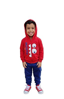 Conjunto Infantil Malwee Moletom Sem Flanela Vermelho e Azul Monster Zíper