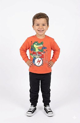 Conjunto Infantil Kyly Moletom Flanelado Laranja e Preto Dino Bateria