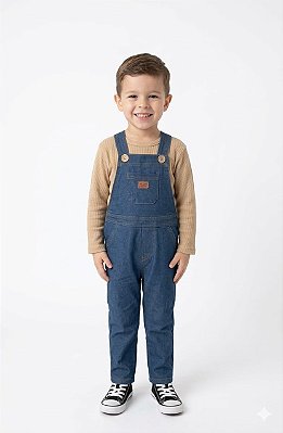 Conjunto Divertto Jardineira Jeans Look + Blusa Manga Longa Bege