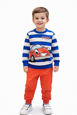 Conjunto Infantil Kyly Moletom Flanelado Listrado Azul e Mescla e Calça Laranja Fast Car
