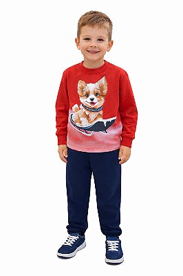 Conjunto Infantil Kyly Moletom Flanelado Vermelho e Marinho Cachorrinho