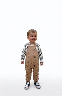 Conjunto Jardineira Malwee Bebê Meia Estação Bege Estampada e Body Listrado