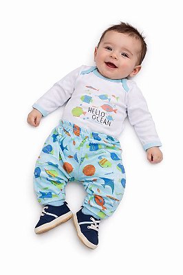 Conjunto Bebê Mafessoni Body Manga Longa e Mijão Estampado Peixinhos