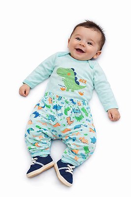 Conjunto Mafessoni Body e Mijão “Rex” Dinossauros Verde Água
