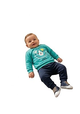 Conjunto Bebê Malwee Moletom Verde Água e Marinho Ursinho Astronauta