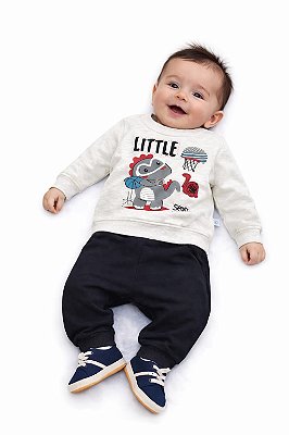 Conjunto Bebê Abrange Moletom Flanelado Mescla Claro e Preto Little Sport Dino