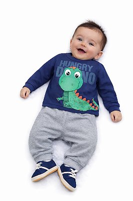 Conjunto Bebê Kyly Moletom Flanelado Marinho e Mescla Hungry Dino
