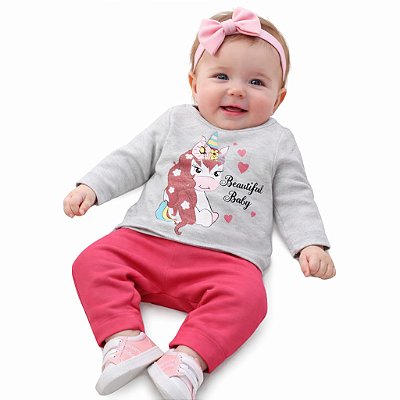 Conjunto Bebê Abrange Moletom Flanelado Mescla e Pink Unicórnio Beautiful Baby