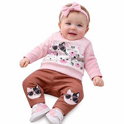 Conjunto Bebê Kyly Moletom Flanelado Rosa e Marrom Gatinhos Fashion