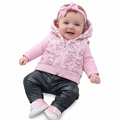 Conjunto Abrange Bebê “Ursinhos” Body, Colete com Capuz e Calça que Imita Couro