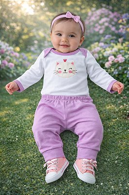 Conjunto Mafessoni Body e Mijão Branco e Lilás Gatinha Princesa