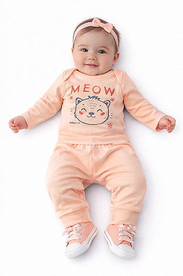 Conjunto Mafessoni Body e Mijão Pêssego Meow Gatinho