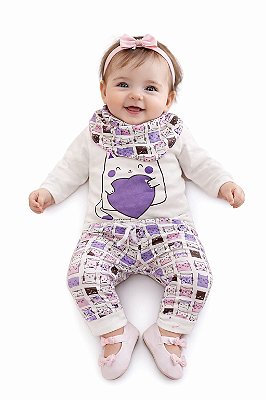 Conjunto Body, Calça e Babador Mafessoni Miau Apaixonado