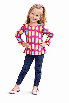 Conjunto Pipa Meia Estação Blusa Picolés e Legging Azul Marinho