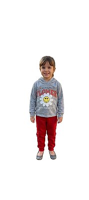 Conjunto Viston Moletom Infantil Flower Cinza Mescla e Vermelho