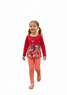 Conjunto Meia Estação Infantil Floral Vermelho e Coral