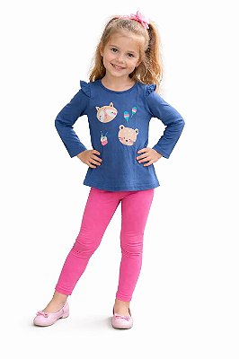 Conjunto Malwee Menina Blusa Estampada Azul Marinho e Legging Pink