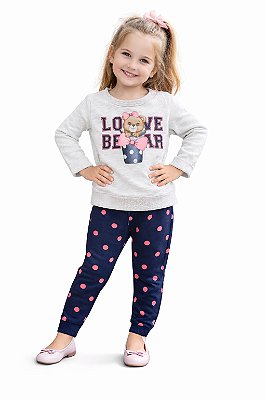 Conjunto Kyly Moletom Love Bear Mescla e Calça Poá Marinho