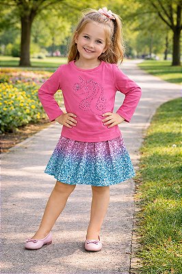 Conjunto Abrange Meia Estação Blusa Unicórnio e Saia Degradê