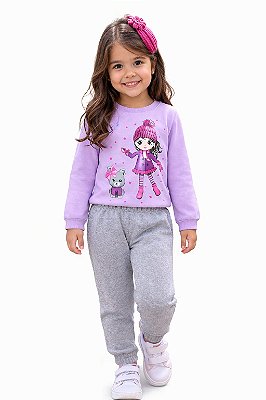 Conjunto Kyly Moletom “Menina Fashion” Lilás e Calça Mescla