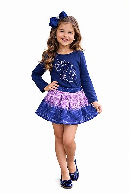 Conjunto Abrange Meia Estação Blusa Unicórnio e Saia Degradê