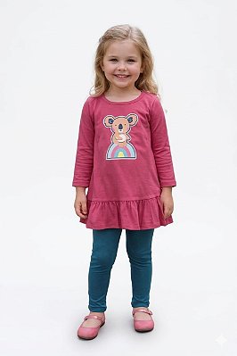 Conjunto Anale Meia Estação Coala Arco-Íris Blusa Alongada com Babado e Legging