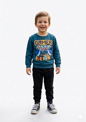 Conjunto Taita Kids Moletom Infantil Blusão “Gamer Star” e Calça Preta